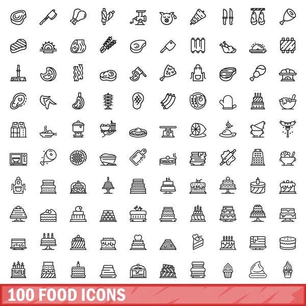 100 food icons set, outline style — Stock Vector