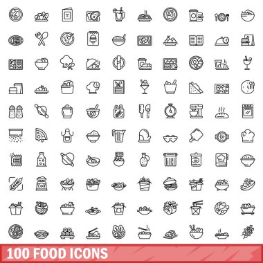 100 gıda Icons set, anahat stili