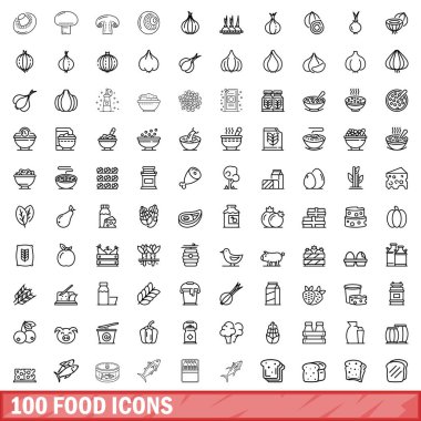 100 gıda Icons set, anahat stili