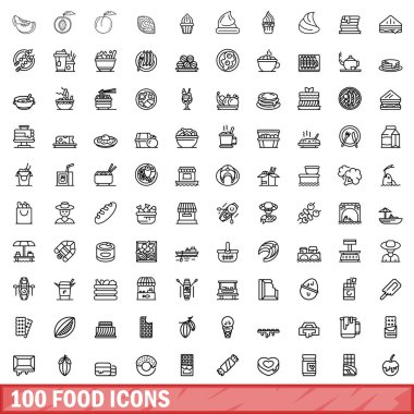 100 gıda Icons set, anahat stili
