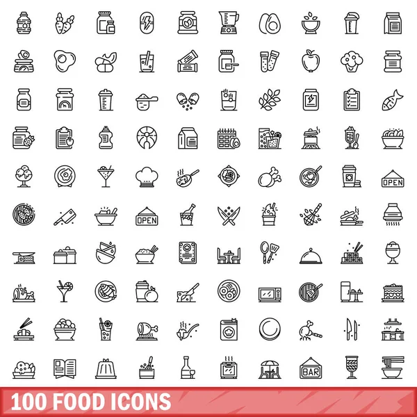 100 food icons set, outline style — Stock Vector
