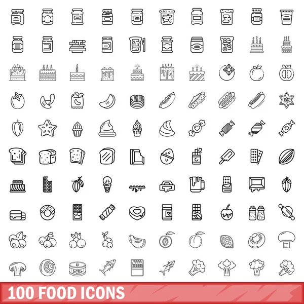 Conjunto de 100 iconos de comida, estilo de esquema — Vector de stock