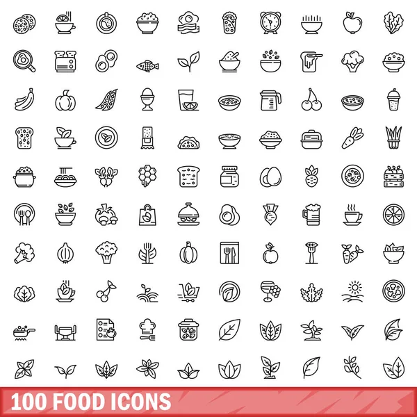 Ensemble de 100 icônes alimentaires, style contour — Image vectorielle