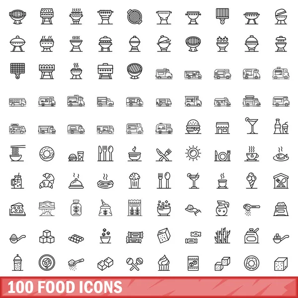 100 voedsel iconen set, Kaderstijl — Stockvector