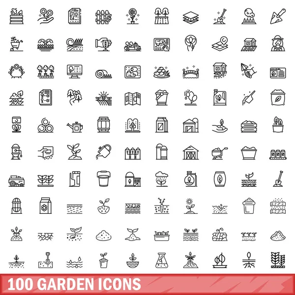 100 Garten-Ikonen gesetzt, Stil umrissen — Stockvektor