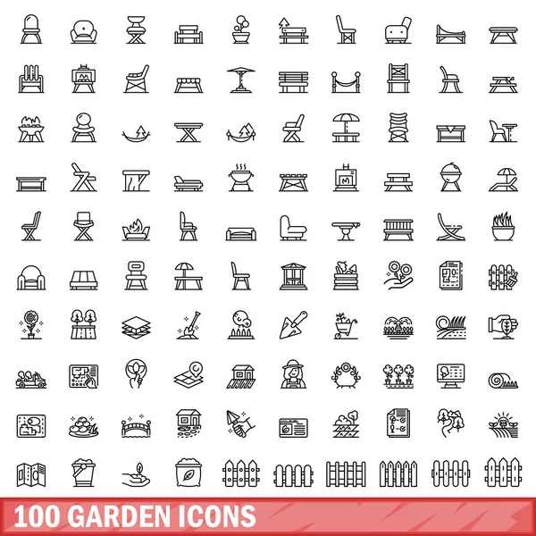 100 Garten-Ikonen gesetzt, Stil umrissen — Stockvektor