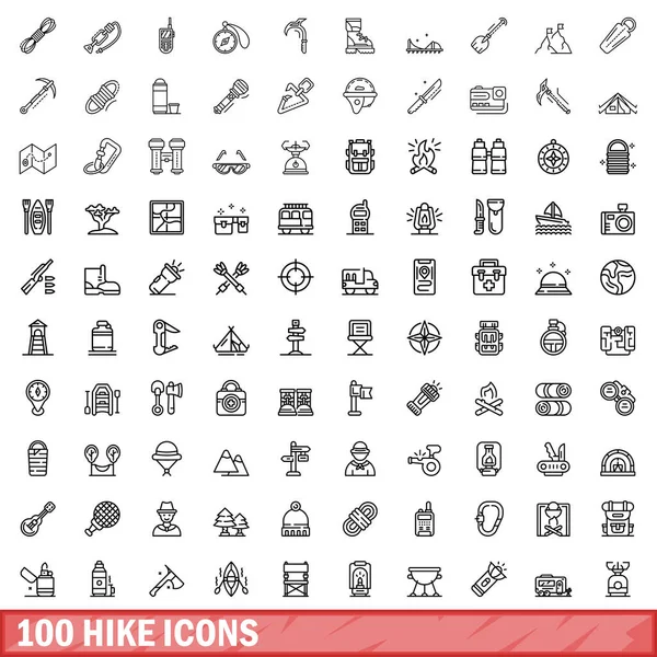 100 hike icons set, outline style — Stock Vector