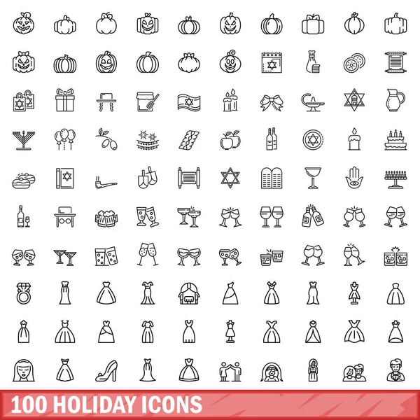 100 conjunto de iconos de vacaciones, estilo de esquema — Vector de stock