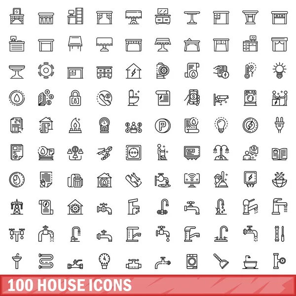 100 házi ikonok készlet, körvonalazott stílus — Stock Vector