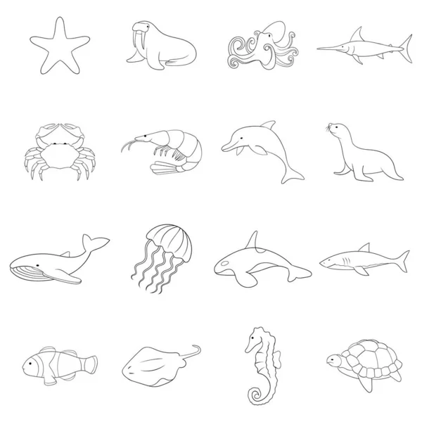 Océan habitants icône ensemble contour — Image vectorielle