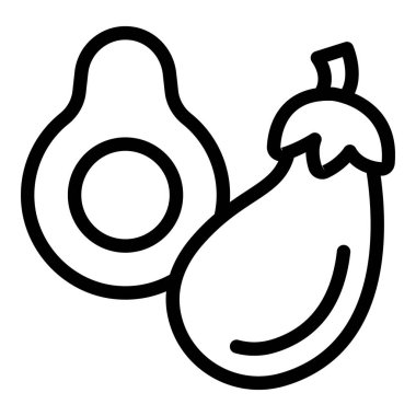 Vejetaryen patlıcan ve avokado ikonu ana hatları vektörü. Yemek diyeti