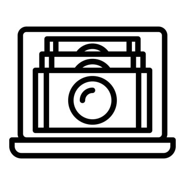 Laptop çevrimiçi para ikonu ana hatları vektörü. Banka cüzdanı