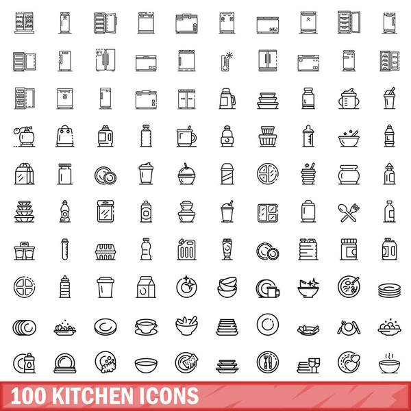 Conjunto de 100 iconos de cocina, estilo de esquema — Vector de stock