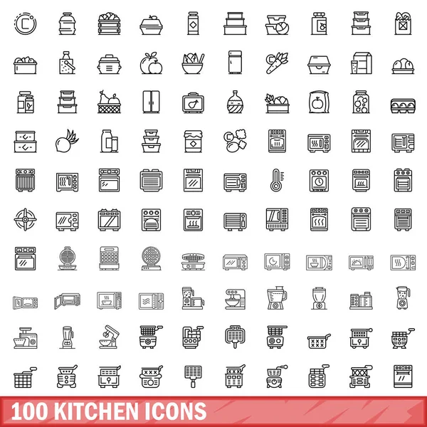 100 set di icone della cucina, stile contorno — Vettoriale Stock