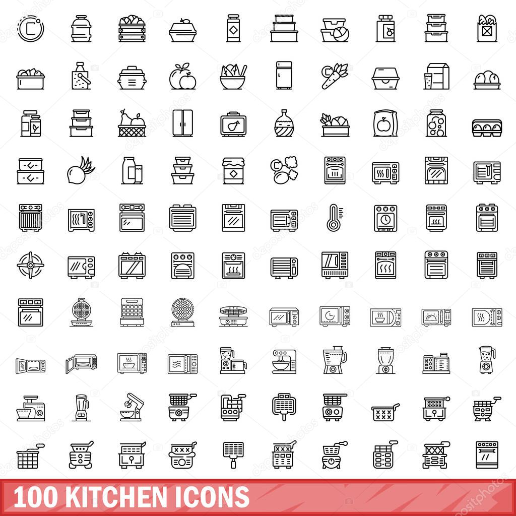 100 kitchen icons set, outline style