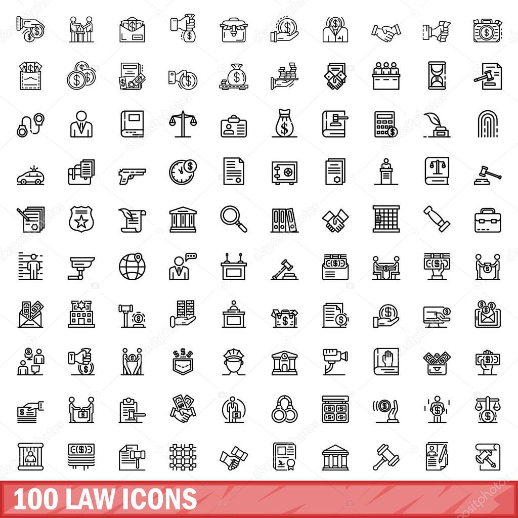 100 law icons set, outline style