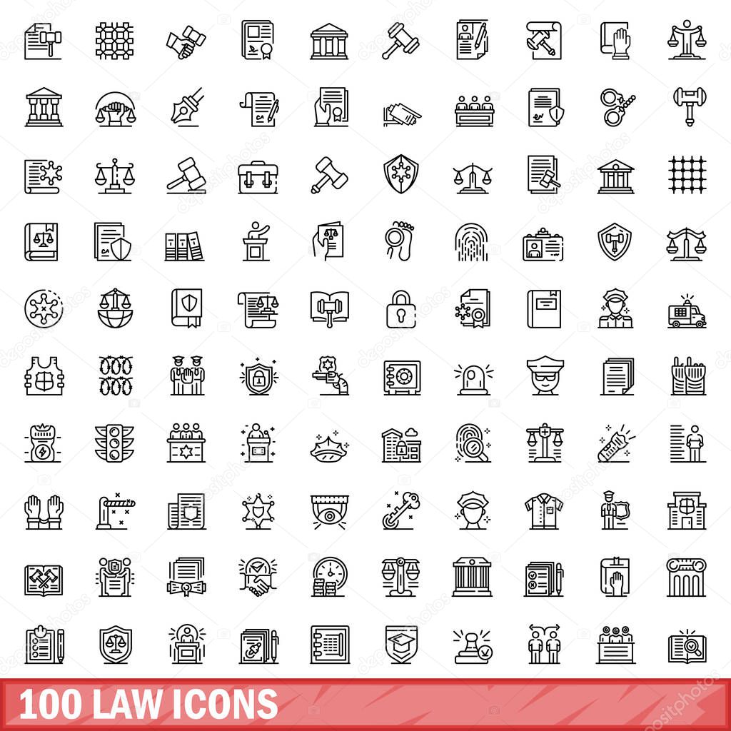 100 law icons set, outline style