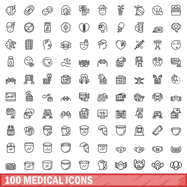 Ensemble de 100 icônes médicales, style contour — Image vectorielle