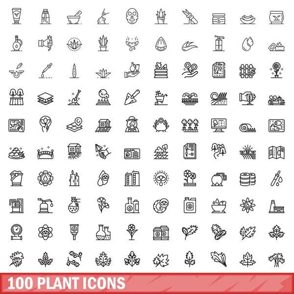 100 conjunto de iconos de planta, estilo de contorno — Vector de stock