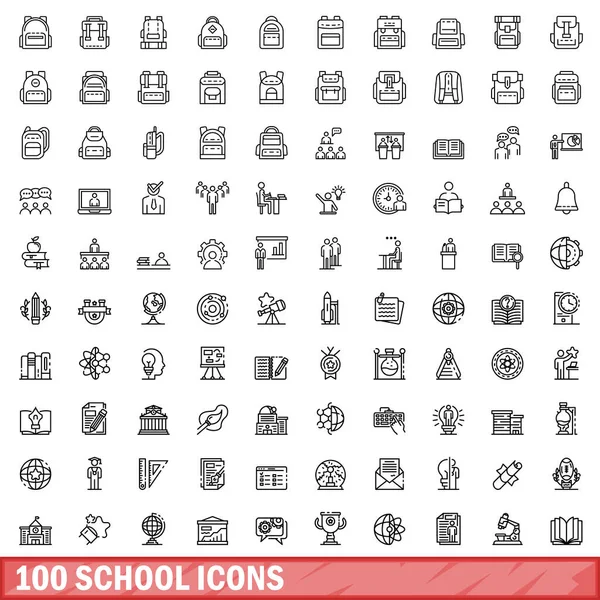 Ensemble de 100 icônes scolaires, style contour — Image vectorielle