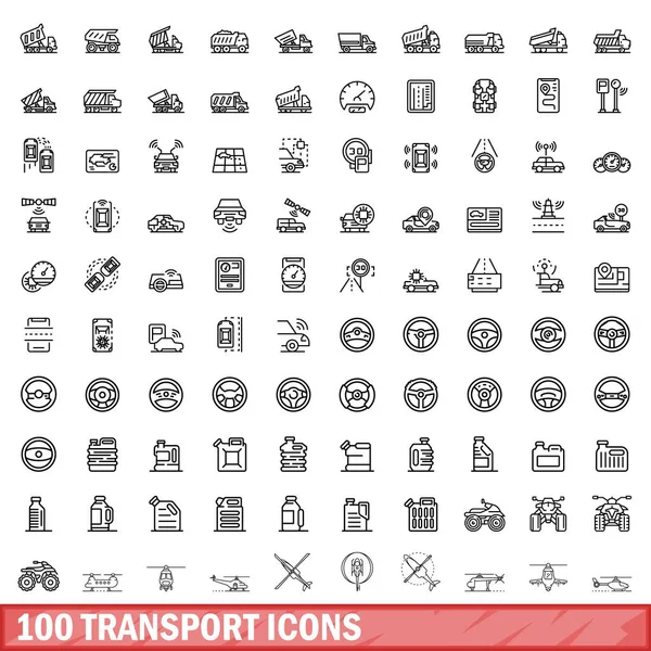 100 transport icons set, outline style — Stock Vector