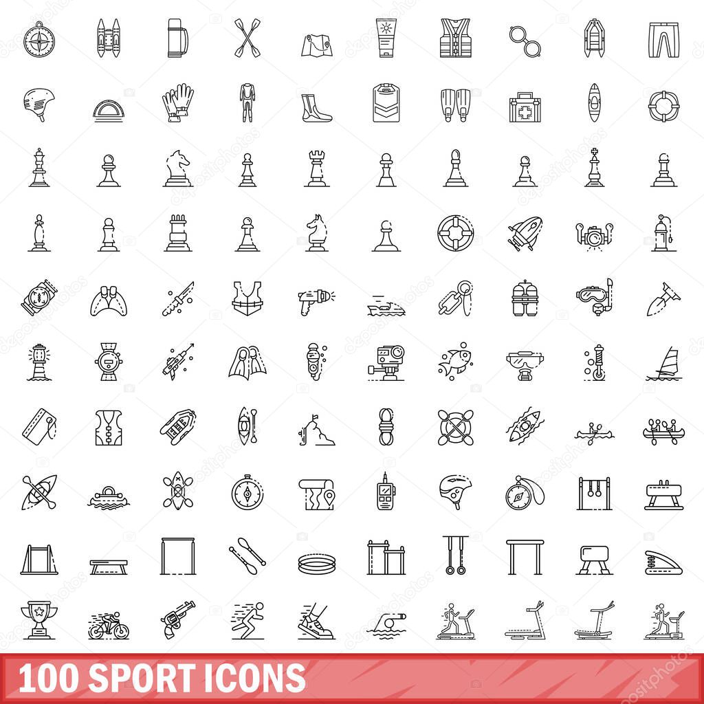 100 sport icons set, outline style