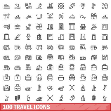 100 seyahat Icons set, anahat stili