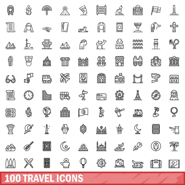 Conjunto de 100 iconos de viaje, estilo de esquema — Vector de stock