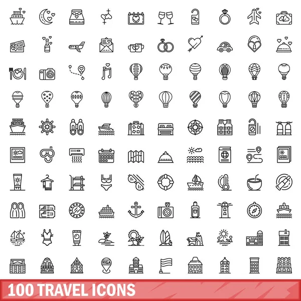 Conjunto de 100 iconos de viaje, estilo de esquema — Vector de stock