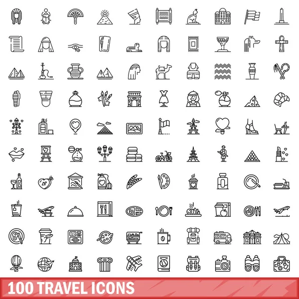 Conjunto de 100 iconos de viaje, estilo de esquema — Vector de stock