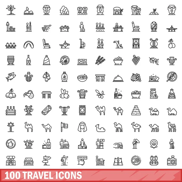 Conjunto de 100 iconos de viaje, estilo de esquema — Vector de stock