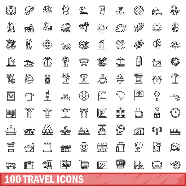 Conjunto de 100 iconos de viaje, estilo de esquema — Vector de stock