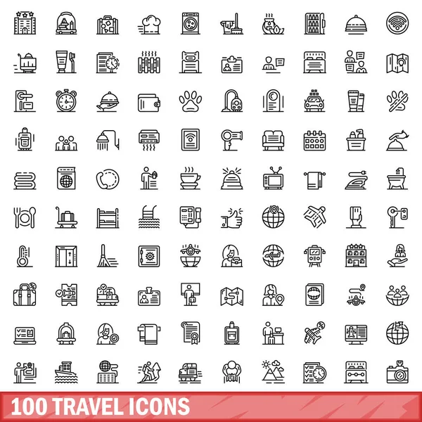 100 matkakuvakkeet asetettu, ääriviivat tyyli — vektorikuva