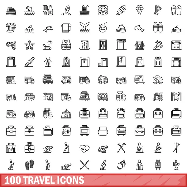 100 travel icons set, outline style — Stock Vector