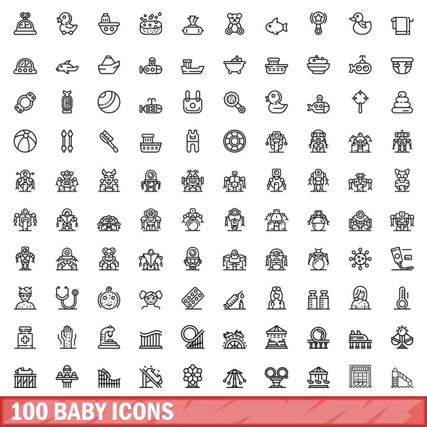 100 Baby-Icons gesetzt, Umriss Stil — Stockvektor