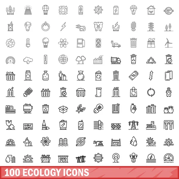 100 ekoloji Icons set, anahat stili — Stok Vektör