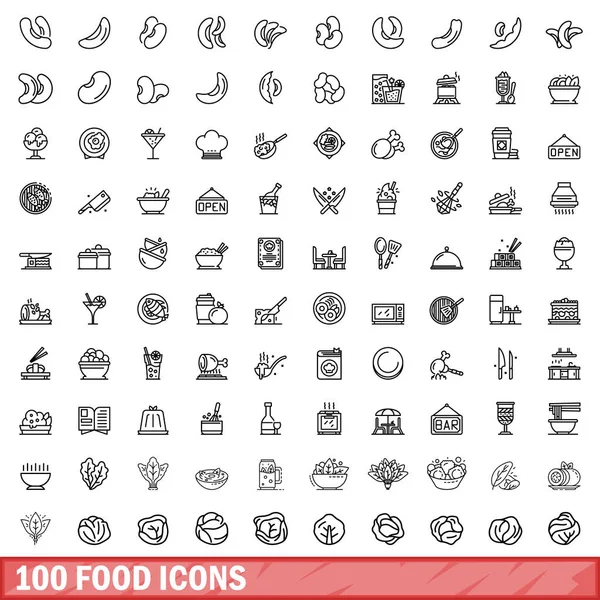 Ensemble de 100 icônes alimentaires, style contour — Image vectorielle