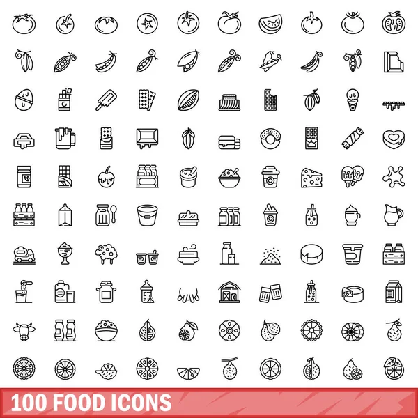 100 food icons set, outline style — Stock Vector