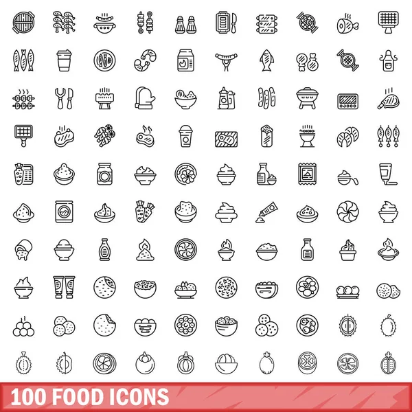 Zestaw ikon 100 żywności, styl konturu — Wektor stockowy
