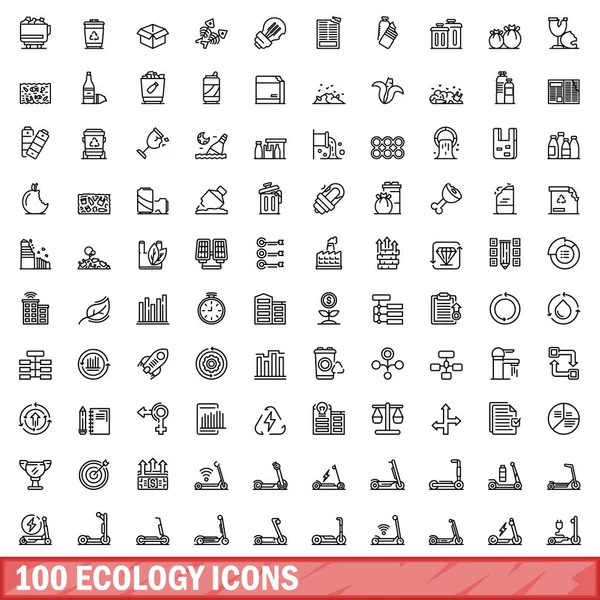 100 set di icone di ecologia, stile contorno — Vettoriale Stock