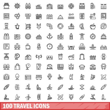 100 seyahat Icons set, anahat stili