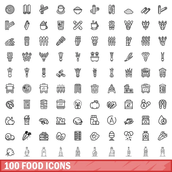 100 set di icone alimentari, stile contorno — Vettoriale Stock