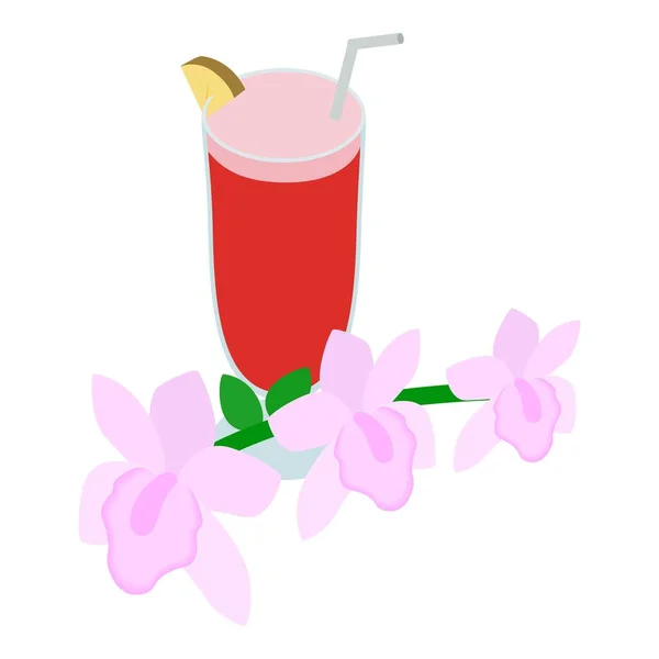 Ícone de funda de Singapura vetor isométrico. Bebida tradicional e flor de orquídea rosa — Vetor de Stock