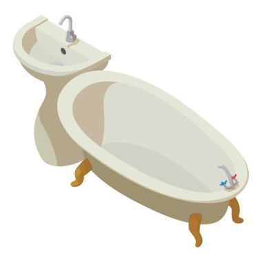 Modern tesisat ikonu izometrik vektörü. Musluk ve küvetli yeni lavabo