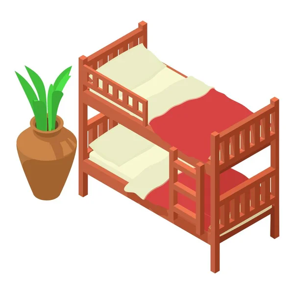 Изометрический вектор двуспальной кровати. Двухуровневая кровать с постельным бельем и цветком — стоковый вектор