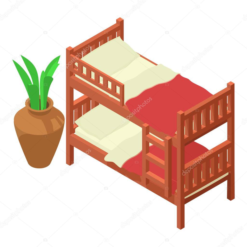Bunk bed icon isometric vector. Two level bed with bedlinen and potted flower