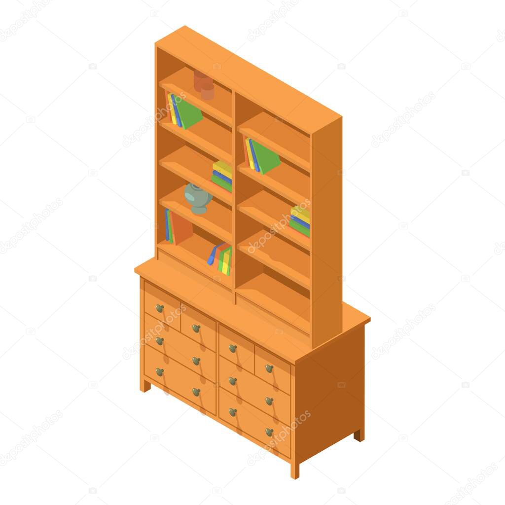Bookcase icon isometric vector. New wooden bookcase with book and locker icon