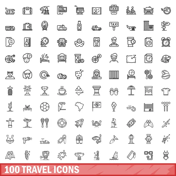 Conjunto de 100 iconos de viaje, estilo de esquema — Vector de stock