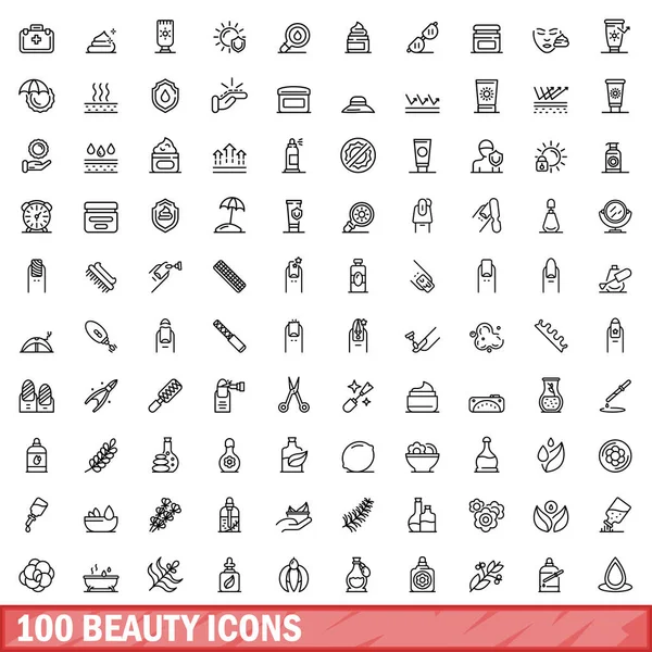 100 наборів іконок краси, стиль контуру — стоковий вектор
