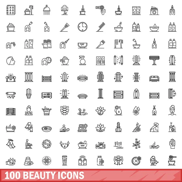 100 наборів іконок краси, стиль контуру — стоковий вектор